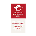 Prix allemand de l'emballage pour la durabilité, lauréat 2019, avec un logo rouge et l'inscription « PRIX ALLEMAND DE L'EMBALLAGE ».