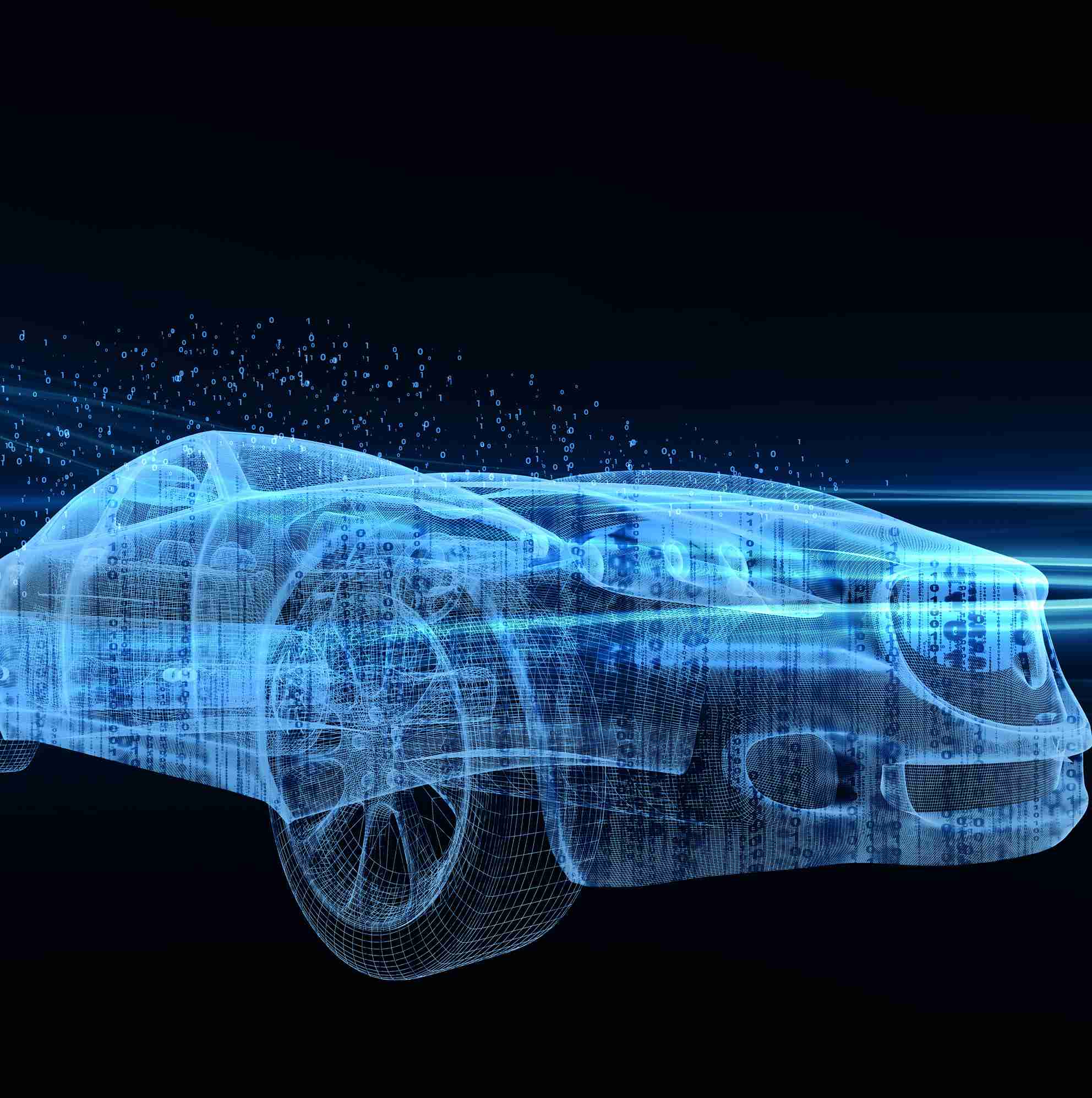 Une voiture futuriste et transparente en représentation numérique, entourée de rayons de lumière bleue et de flux de données sur un fond noir.