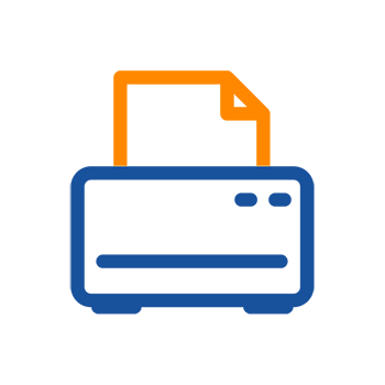 Un imprimante avec une feuille de papier qui sort tout juste. Les couleurs sont orange et bleu.