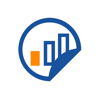 Texte : "Logo avec un cercle bleu, un bloc orange et trois barres verticales représentant des valeurs en hausse.