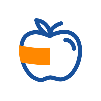 Un symbole de pomme stylisé avec un ruban orange qui recouvre une partie de la pomme.