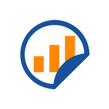Un cercle bleu avec un diagramme à barres orange, montrant trois barres montantes, et un bord inférieur arrondi.