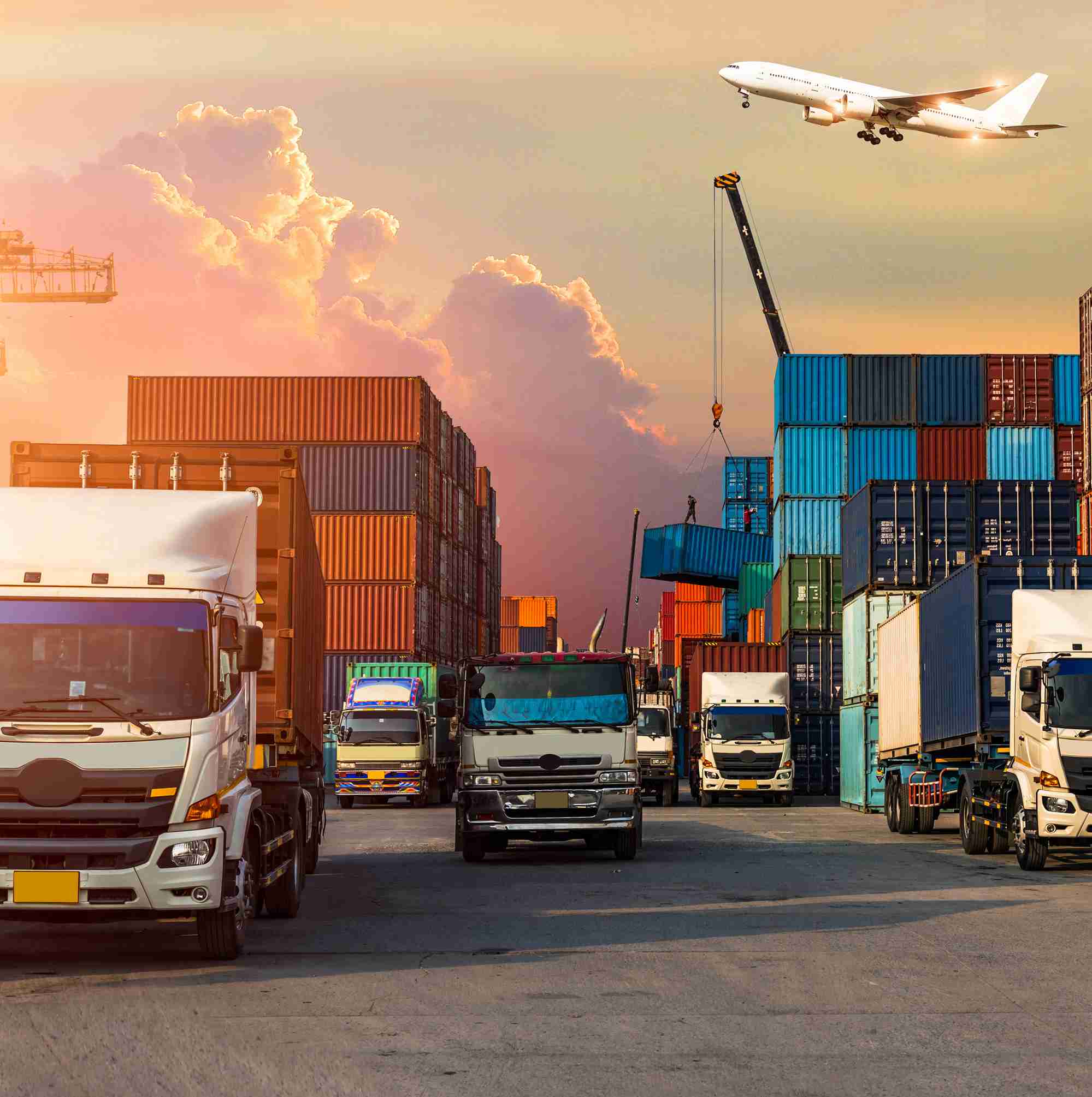 Texte : "Des camions et des conteneurs dans le port, avec un avion survolant la scène pendant qu'une grue soulève des conteneurs.