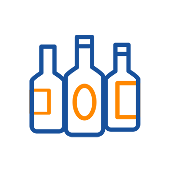 Trois bouteilles stylisées de différentes formes, entourées d'un contour bleu et d'accents orange.