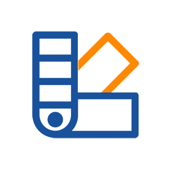Un symbole graphique avec une palette de couleurs, un rectangle et une flèche, représentant des éléments de design créatifs.