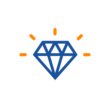 Un diamant bleu entouré de rayons orange symbolise la valeur et l'éclat.