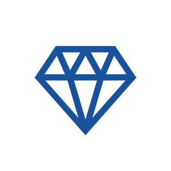 Symbole de diamant bleu avec des facettes géométriques, sur fond noir.
