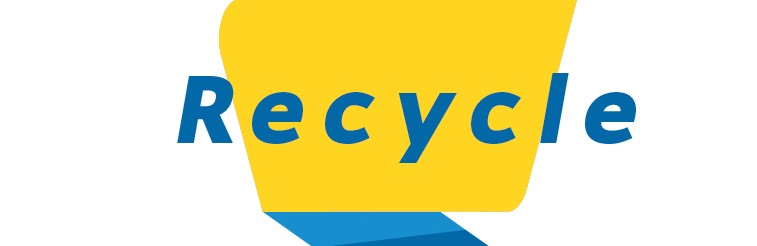 Le mot "Recycler" en lettres bleues sur fond jaune, entouré d'un élément graphique en forme de flèche.