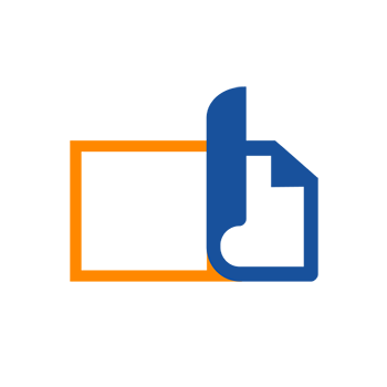Un logo stylisé avec un pouce levé et un rectangle, en orange et bleu.