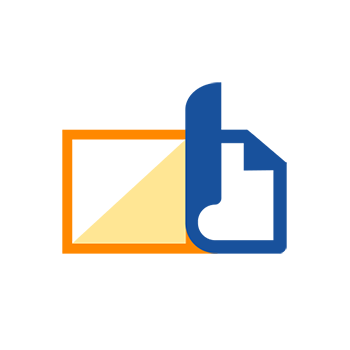 Un logo stylisé avec un rectangle orange et un pouce bleu qui pointe vers un document.