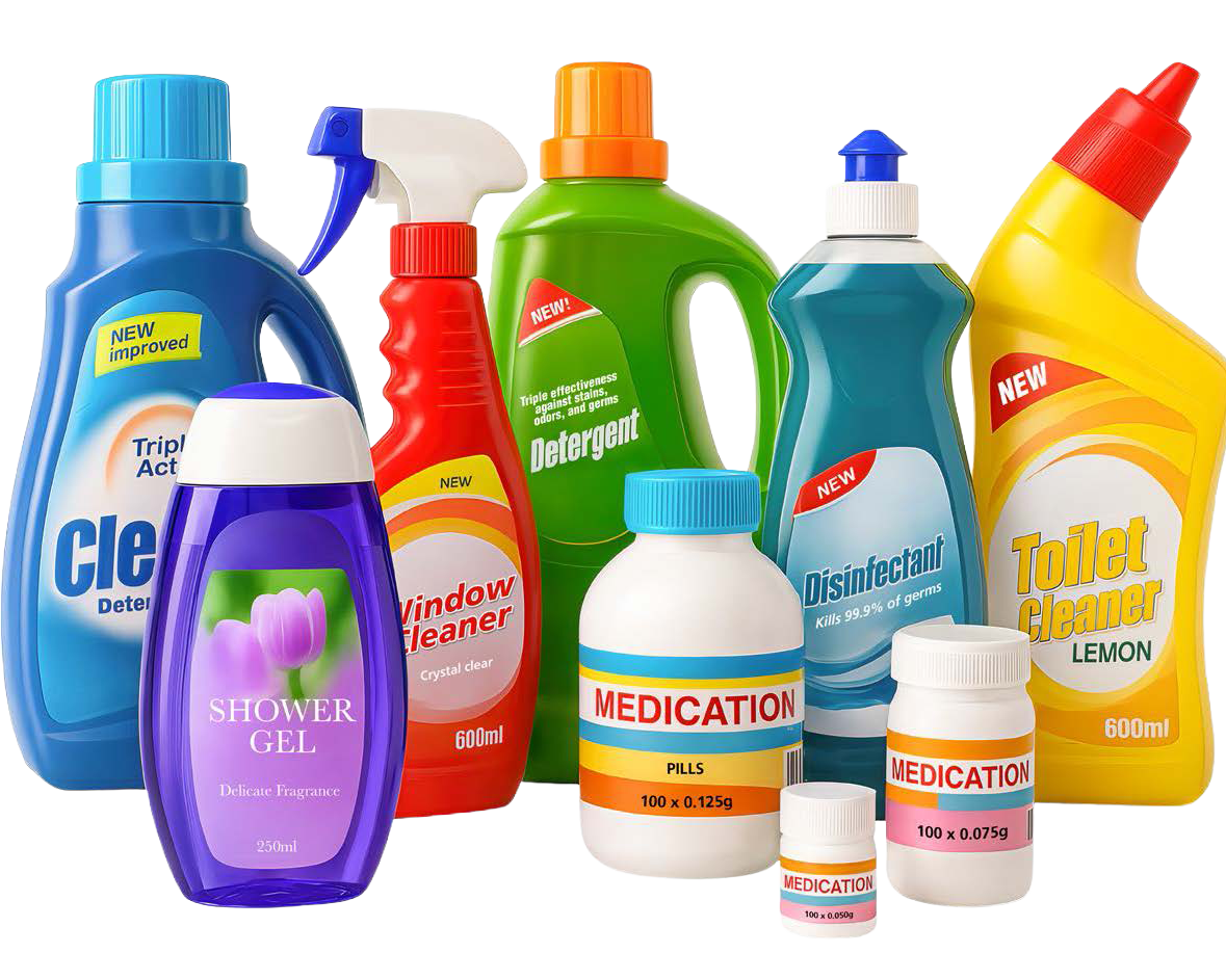 Produits de nettoyage et d'entretien, y compris des détergents, des nettoyants pour vitres, des désinfectants, des gels douche et des médicaments dans différents flacons et contenants.