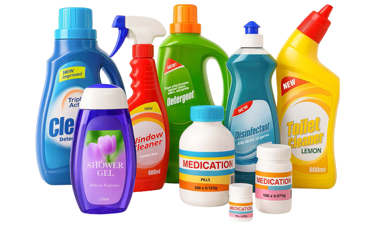 Différents produits de nettoyage et médicaments en bouteilles, y compris du nettoyant pour vitres, du nettoyant pour toilettes et du gel douche.