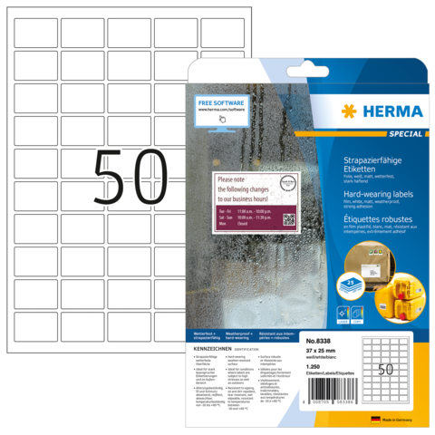 Etikettenbogen mit 50 weißen, strapazierfähigen Etiketten, verpackt in einer transparenten Hülle. Hinweise zur Verwendung sind auf der Rückseite.
