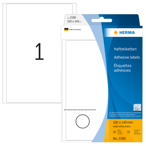 Haftetiketten von HERMA, 100 x 149 mm, 32 Stück, permanent, in weißer Verpackung mit Produktnummer 2580.