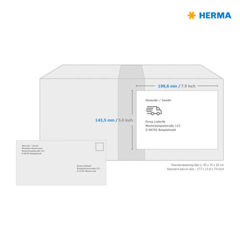 Versandkarton mit Abmessungen und Adressfeld für den Absender. Neben dem Karton befindet sich eine Postkarte mit Adressdetails.