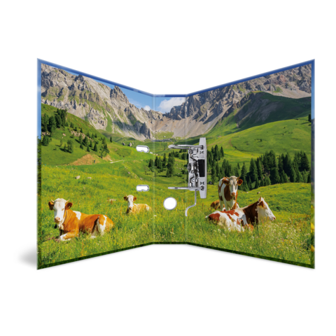 Une pochette ouverte avec un paysage montrant des vaches dans un pré devant des montagnes. Des prairies verdoyantes et un ciel dégagé sont visibles.