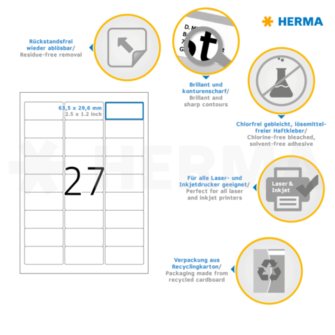 Etikettenblatt mit 27 Etiketten, 63,5 x 29,6 mm, geeignet für Laser- und Tintenstrahldrucker, umweltfreundliche Verpackung.