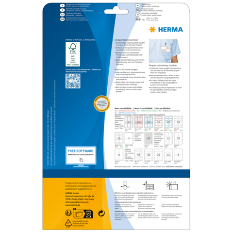 Rückseite einer Verpackung für Etiketten von HERMA, mit Informationen zu Software, Anwendungshinweisen und verschiedenen Etikettengrößen.