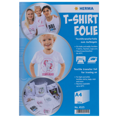 T-Shirt Transferfolie für Textilien, geeignet für T-Shirts, Taschen und Caps. Enthält 20 A4-Blätter, waschbar bis 40°C.
