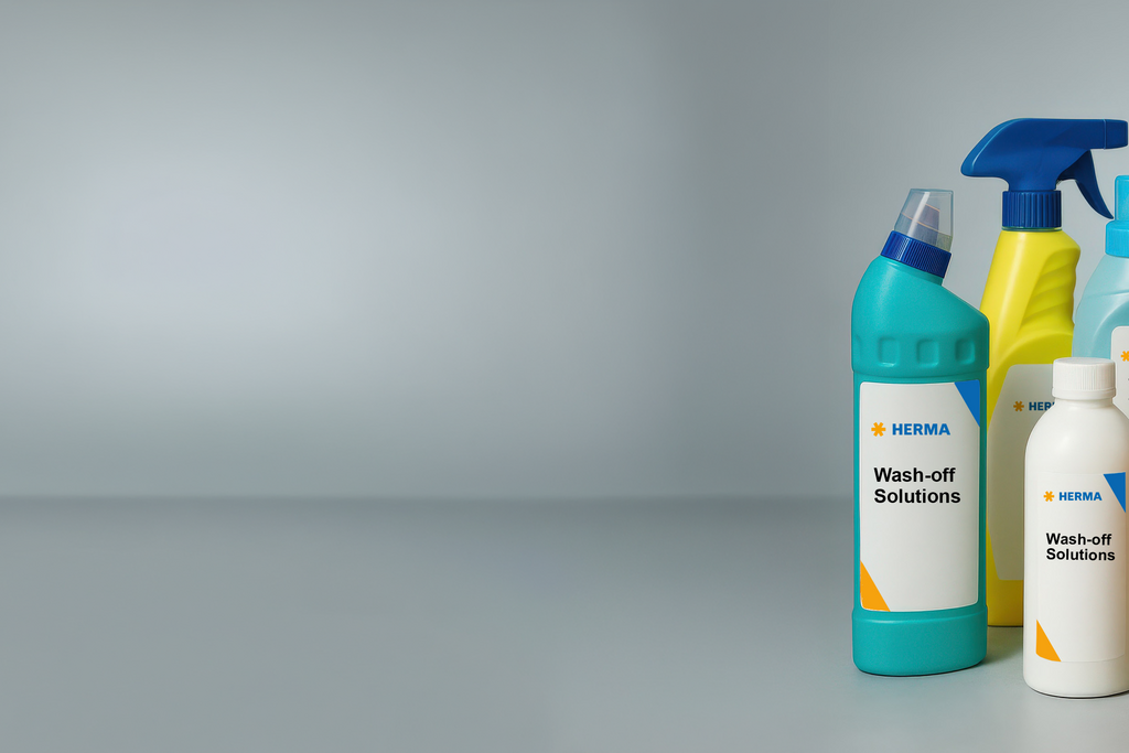 Un groupe de produits de nettoyage dans différentes bouteilles et sprays, disposés sur une surface au fond neutre.