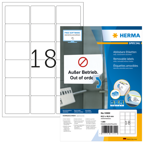 Ablösbare Etiketten auf einem Blatt mit der Nummer 18, verpackt in einer blauen und weißen Verpackung mit dem Hinweis "Außer Betrieb".