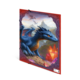 Un dragon bleu est assis sur un rocher, entouré de cristaux et de montagnes, avec un ciel dramatique en arrière-plan.