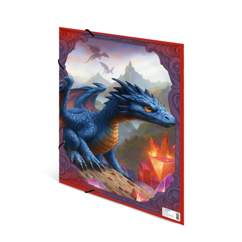 Un dragon bleu est assis sur un rocher, entouré de cristaux et de montagnes, avec un ciel dramatique en arrière-plan.