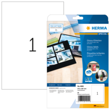 Packung mit glänzenden Etiketten von Herma, 25 Stück, Größe 210 x 297 mm, inklusive Software zur Gestaltung.