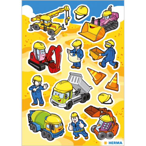 Bunte Baustellenaufkleber mit verschiedenen Baumaschinen, Bauarbeitern in Helmen und Baustellenutensilien auf gelbem Hintergrund.