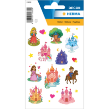 Autocollants colorés avec des princesses, des châteaux, un arbre, un cavalier et divers éléments décoratifs comme des cœurs et des arcs-en-ciel.