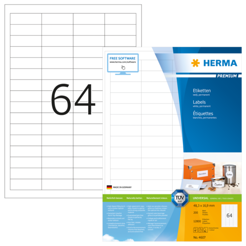 Etikettenblatt mit der Nummer 64, das die Maße 48,3 x 16,9 mm angibt, sowie Informationen zu Software und Herstellungsdetails.