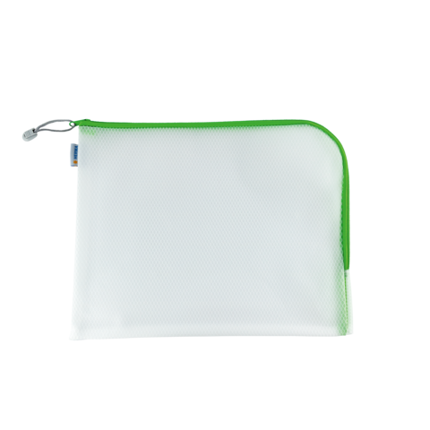 Transparente Tasche mit grünem Reißverschluss, geeignet zur Aufbewahrung von Dokumenten oder Kleinigkeiten.