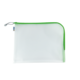 Transparente Tasche mit grünem Reißverschluss, geeignet zur Aufbewahrung von Dokumenten oder Kleinigkeiten.