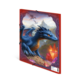 Un dragon bleu est assis sur un rocher, entouré de cristaux et de montagnes. En arrière-plan, d'autres dragons volent.