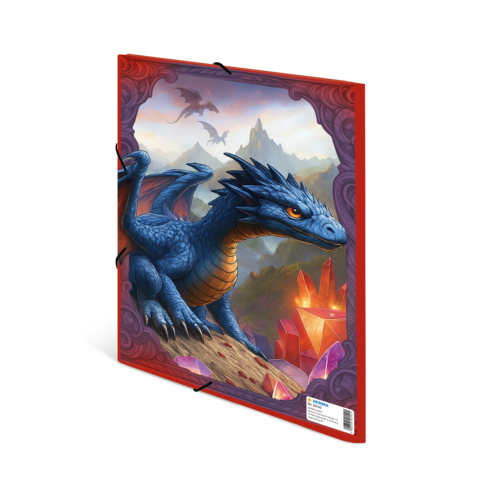 Un dragon bleu est assis sur un rocher, entouré de cristaux et de montagnes. En arrière-plan, d'autres dragons volent.