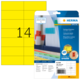 Gelbe Etiketten auf einem Bogen mit der Nummer 14, verpackt in einer transparenten Hülle mit Informationen zu farbigen Etiketten.