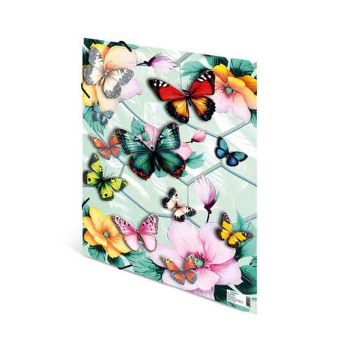 Des papillons colorés aux différentes teintes et motifs, entourés de fleurs sur un fond clair.