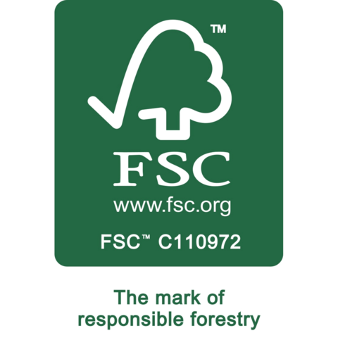 FSC-Logo mit dem Text "The mark of responsible forestry" und der Website www.fsc.org, das für verantwortungsvolle Forstwirtschaft steht.