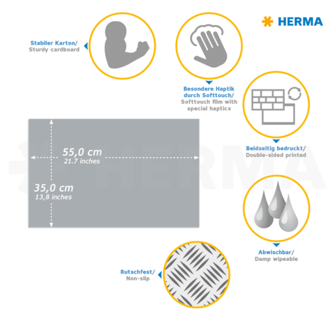Stabiler Karton mit Abmessungen von 55 cm x 35 cm, beidseitig bedruckt, rutschfest und abwischbar. Besondere Haptik durch Softtouch-Folie.