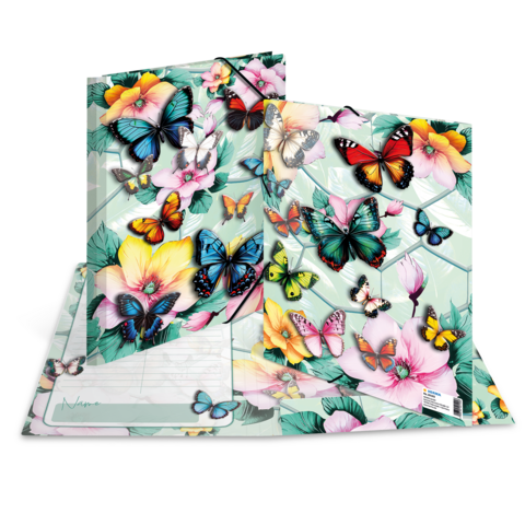 Des papillons colorés et des fleurs sur la couverture d'un carnet, présenté ouvert.