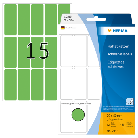 Grüne Haftetiketten auf einem Blisterpack, mit der Aufschrift "15" und Informationen zu Größe und Anzahl der Etiketten.
