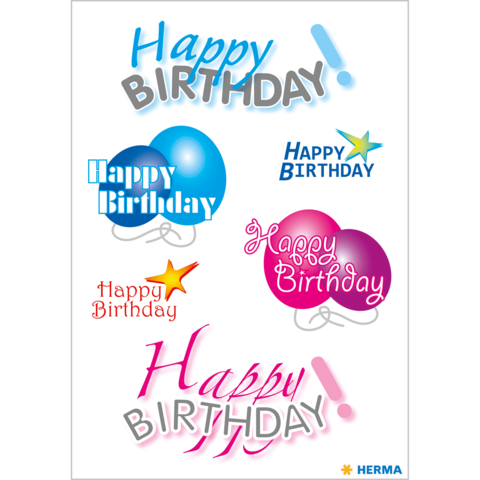 Bunte Geburtstagsgrüße mit verschiedenen Schriftarten und Luftballons in Blau und Pink, um den Anlass zu feiern.