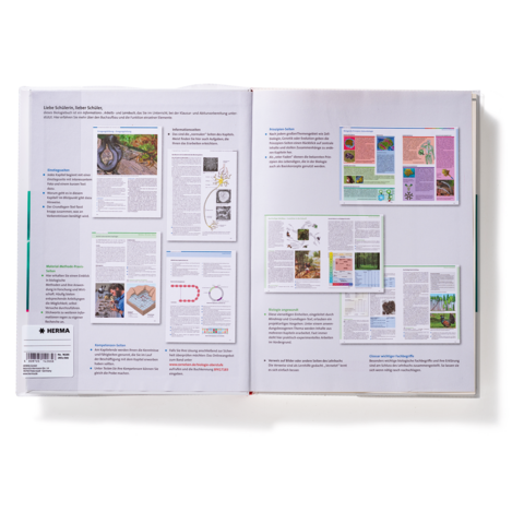 Zwei aufgeschlagene Buchseiten mit Texten und Abbildungen zu verschiedenen Themen, darunter Natur und Wissenschaft.