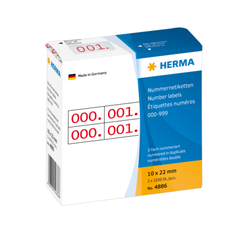 Nummerierte Etiketten in einer Verpackung, mit den Zahlen 000 bis 999. Enthält 2000 Etiketten (2 x 1000 Stück).