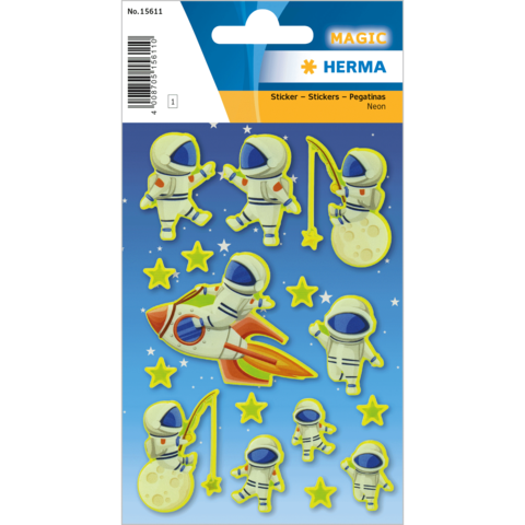 Neon-Sticker mit Astronauten, einer Rakete, einem Mond und Sternen auf einem blauen Hintergrund.