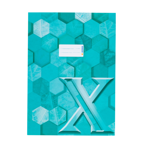 Türkiser Hefter mit hexagonalem Muster und einer großen weißen "X"-Aufschrift auf der Vorderseite.
