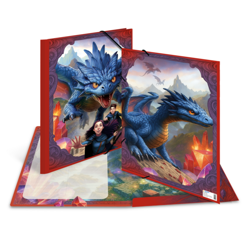 Un livre ouvert avec des illustrations fantastiques de dragons bleus et de personnages dans un paysage magique.