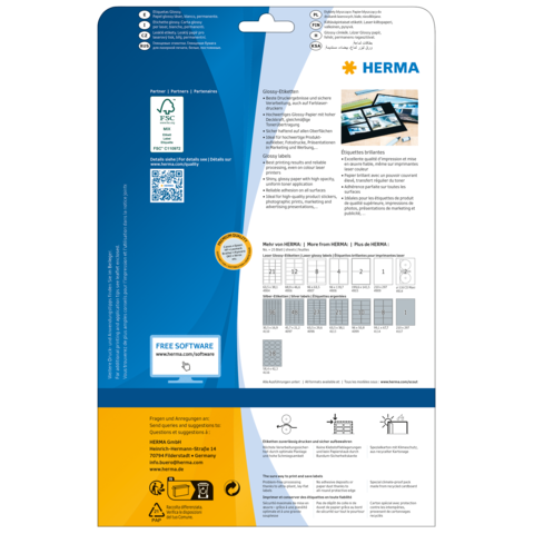 Rückseite einer Verpackung von HERMA mit Informationen zu Software, Produkten und Anleitungen. Enthält Diagramme und QR-Code.