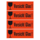 Vier orangefarbene Warnschilder mit dem Text "Vorsicht Glas!" und einem Symbol eines Weinglases.