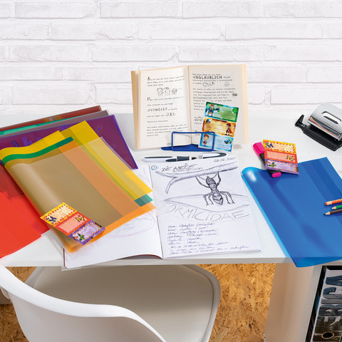 Texte : "Des feuilles colorées, des blocs-notes, un cahier et des fournitures d'écriture sur une table. Une agrafeuse et des cartes sont également visibles.